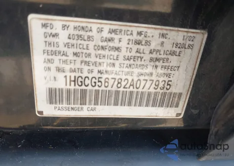 2002 Honda Accord 2.3 Se z USA, uszkodzony, nr VIN 1HGCG56782A077935